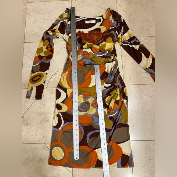 Charles Nolan Dress, Browns & Oranges, Wrap, Ruckering Side, Long Sleeved, Sz 4 - Picture 13 of 16